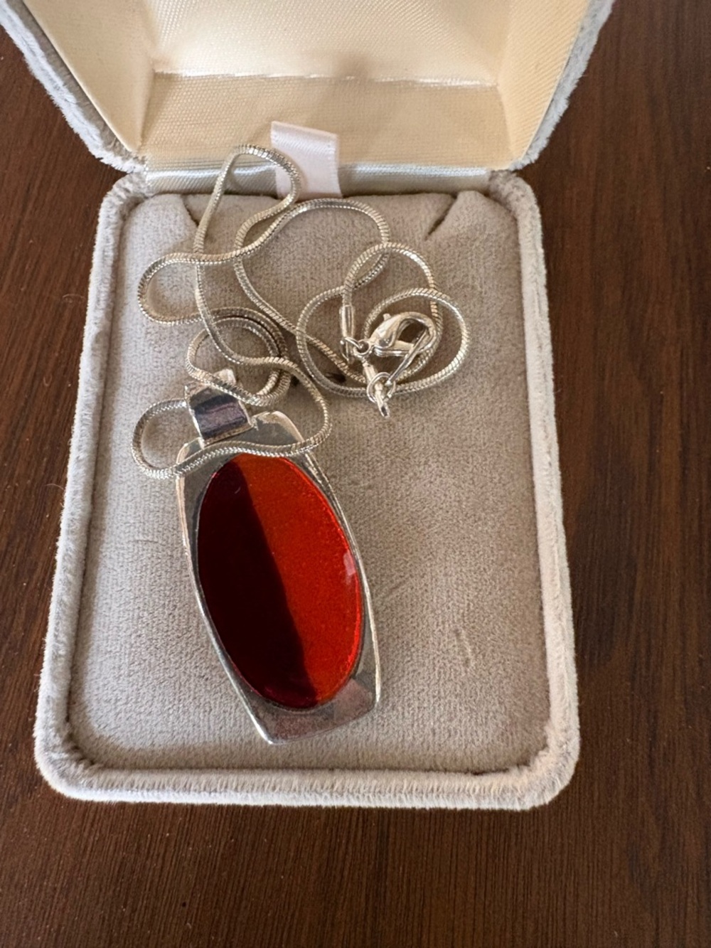 Vintage Silver Pendant Necklace with Deep Red Orange Design VGUC MCM 60s